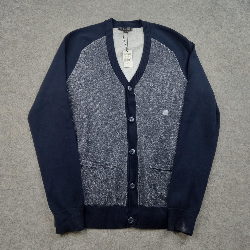 Express Sweater Mens‎ Small Blue Button Cardigan Knit Pockets Contrast Trim